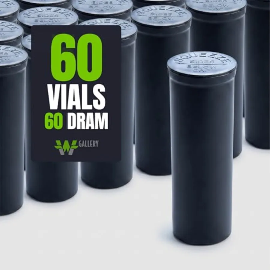 

60 Black 60 Dram Pop Top - Airtight Smell Proof Containers - Plastic Medical Grade Prescription Bottles for Pills Herbs Flowers