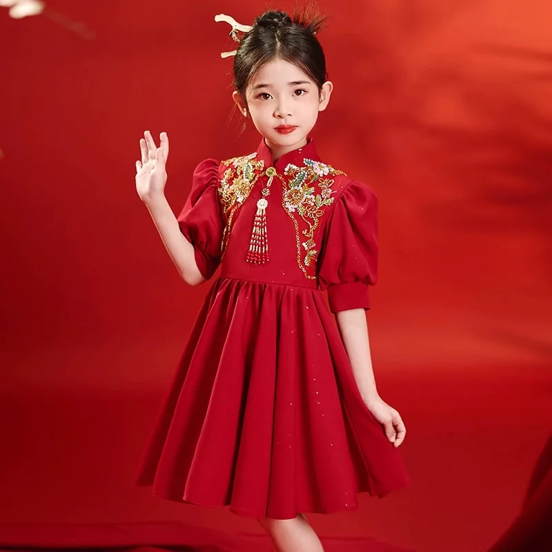 

Нарядное летнее платье-ципао для девочек, красное платье-ципао в стиле принцессы, детское праздничное платье для выступлений, новогодняя одежда для девочек, детское платье-вестидо