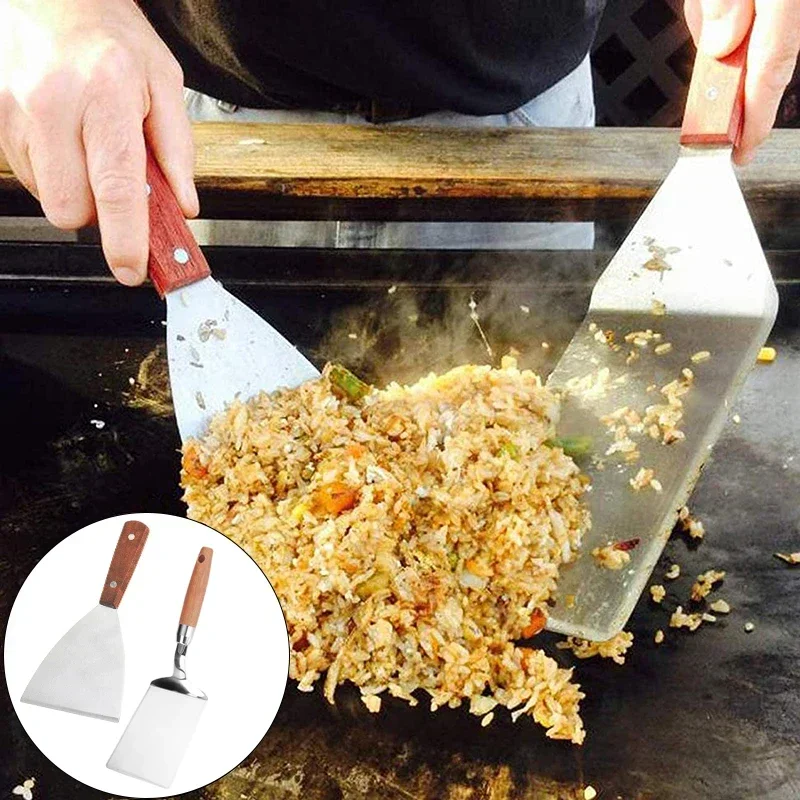 Espátula para carne de acero inoxidable, raspador de tortitas, mango de madera, parrilla de carne frita, pala para Pizza, rectángulo Triangular, herramientas de cocina para barbacoa
