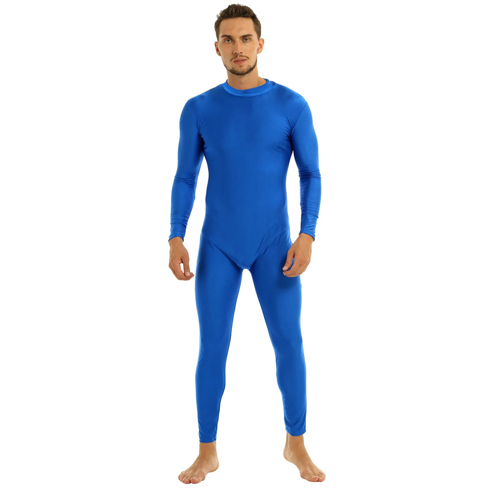 Mens Adults Zentai Well Fit Mock Neck Long Sleeve Skin-Tight Solid Color Unitard Bodysuit Dancewear Body Suit Cosplay Costume