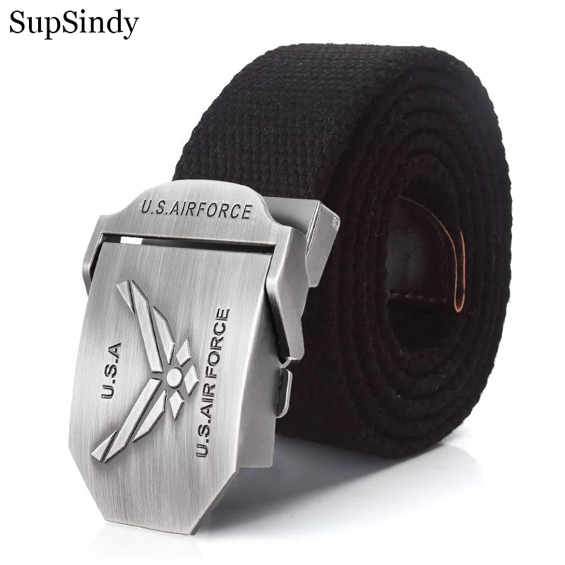 SupSindy Men Canvas Belt US Air Force Metal Buckle Army Military Tactical Belts for Men Jeans Waistband Soldier Male Strap Black