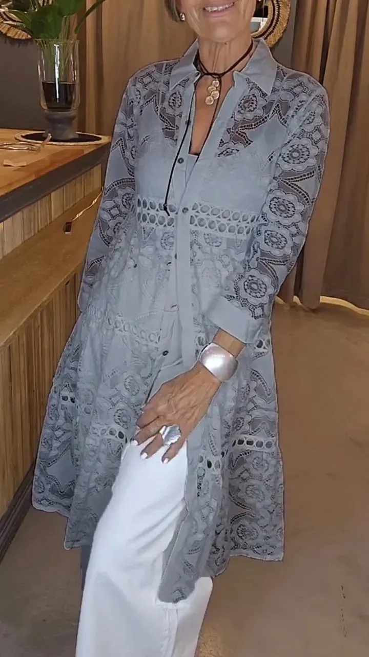 2025 Camicia elegante alla moda casual in pizzo al ginocchio a maniche lunghe con colletto rovesciato tinta unita americana europea di nuova moda da donna