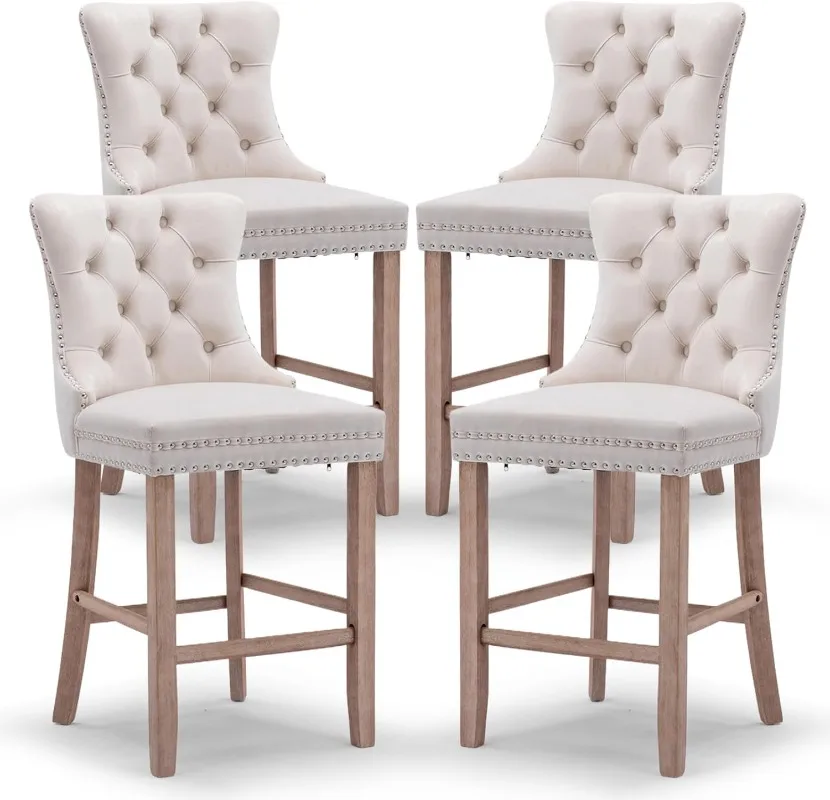 Modern Velvet Upholstered Bar Stools Set of 4 with Wood Legs Button Tufted Chrome Nailhead Counterstool Seat (Beige)