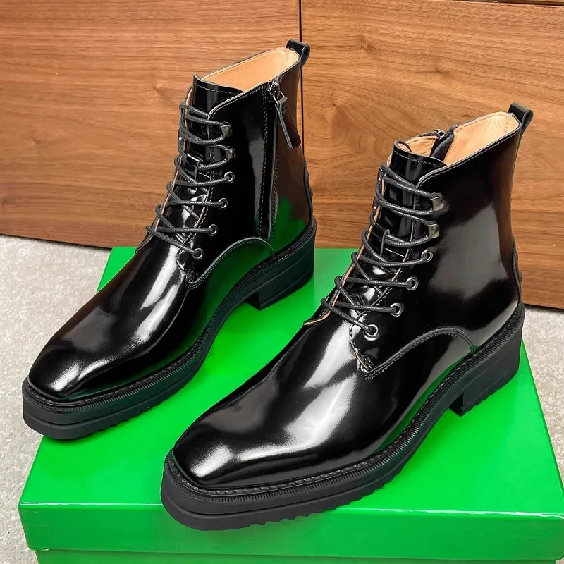 British Style Square Toe Thick Sole Chelsea Boots Men's Shoes Casual Fashion High Top Derby Genuine Leather Outdoor Boots Male
