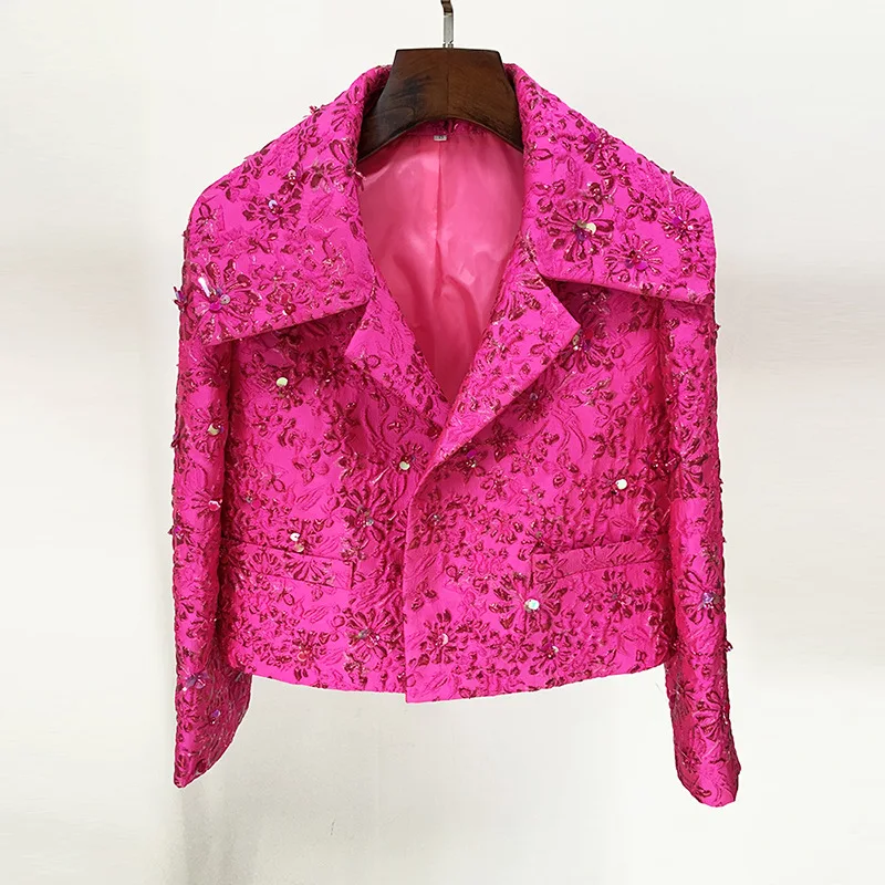 New Fashion Rose Pink Series Jacket Women's  Jacquard Heavy Industry Bead Short-sleeved Dress Tops Three-dimensional Decoration