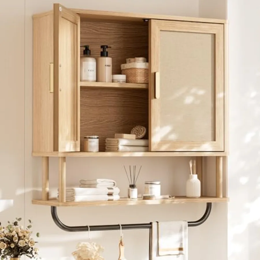 

Rattan Bathroom Wall Cabinet with Towel Bar Wall-Mounted Medicine Cabinet in Natural Brown Rattan Adjustable Wood Shelf Doors f