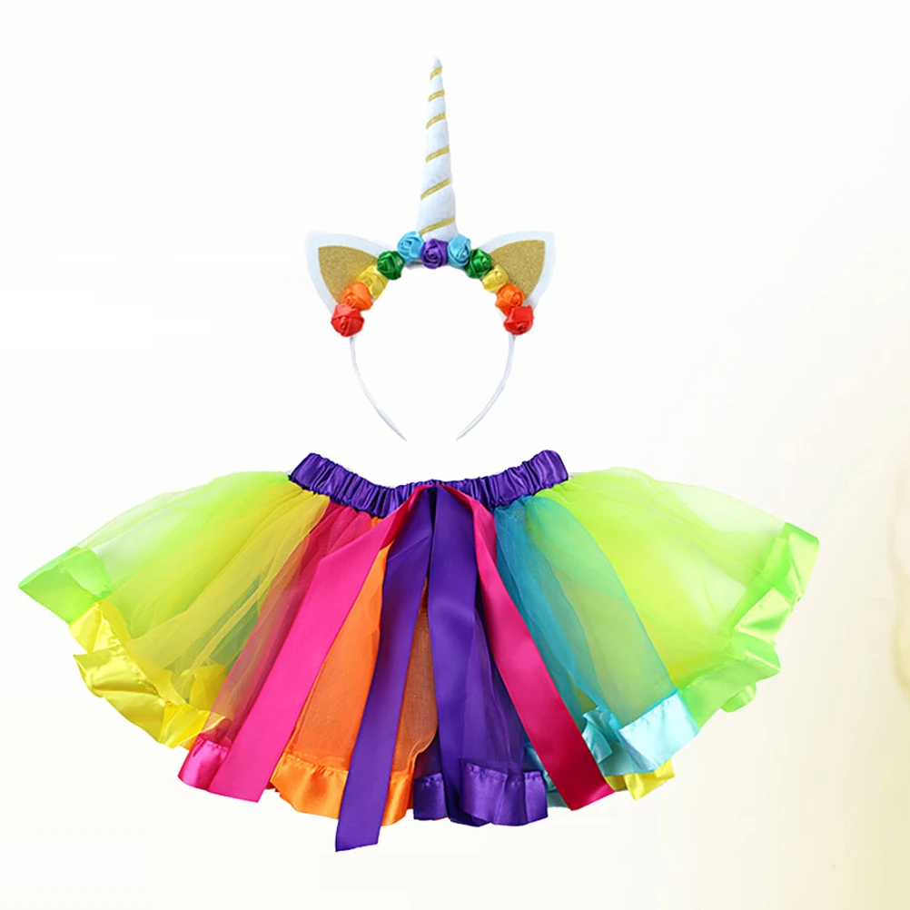 

1 Set Skirt Suit Bubble Skirt Rainbow Bubble Skirt Unicorn Hair Band for Party Performance Decoration (Size L Suitable for 6-10