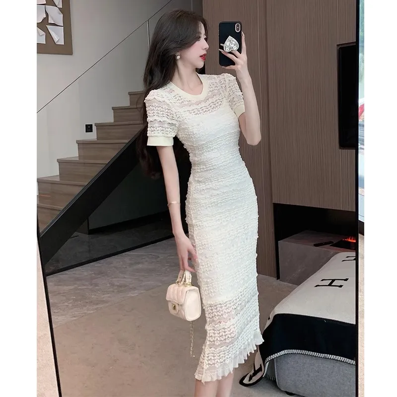 Fashion Summer Solid Lace Bodycon Dress France High Quality Women O Neck Short Sleeve Ruffles Ladies Office Pencil Midi Vestidos