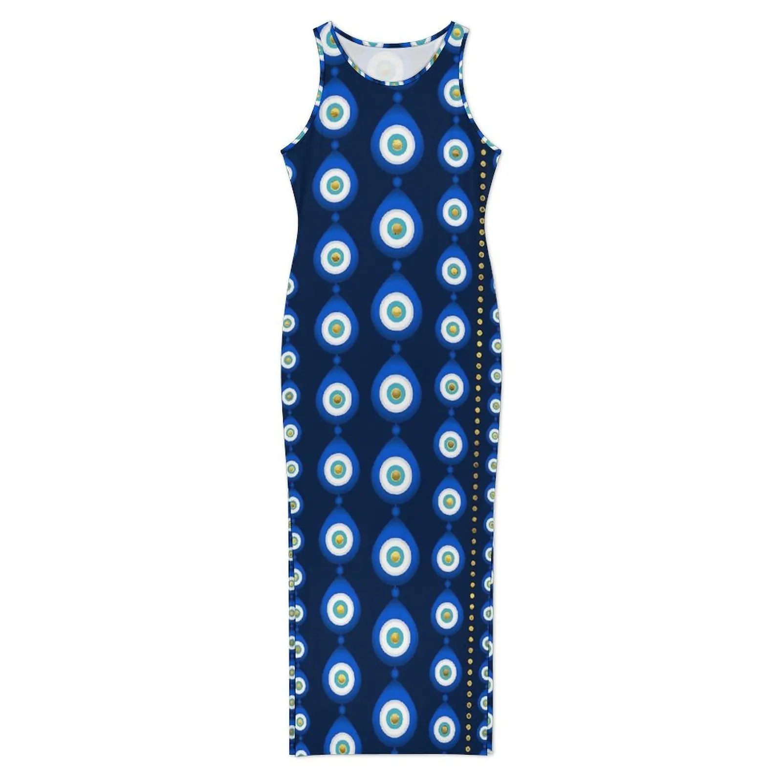 Evil Eye Kleid ärmellos blau und gold Street Wear Maxikleider lässig figurbetontes Kleid Damen Grafik Oversize Vestidos