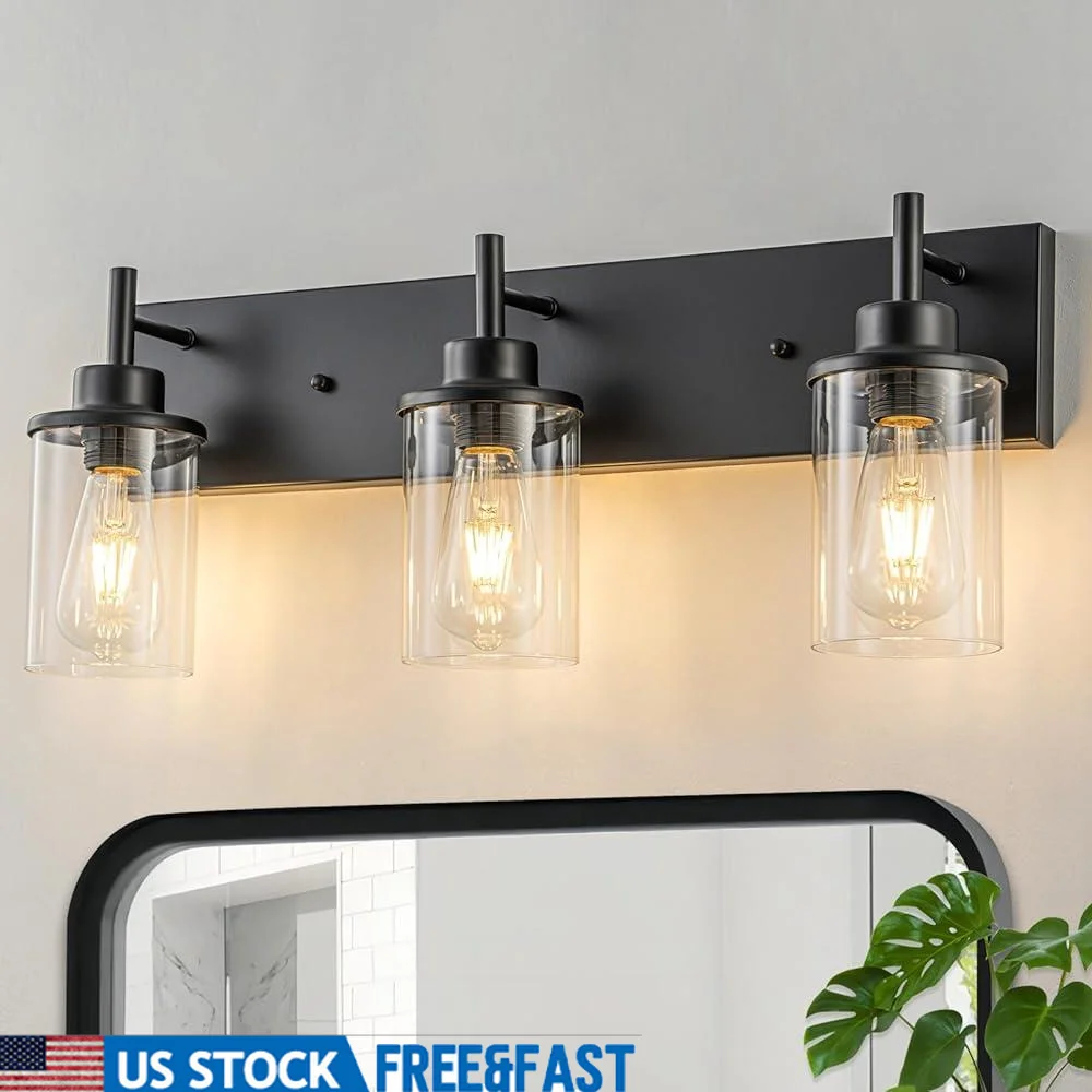 

3-Light Matte Black Wall Sconce Clear Glass Shade Vanity Lighting Fixture Easy Installation Bathroom Bedroom Wall Light