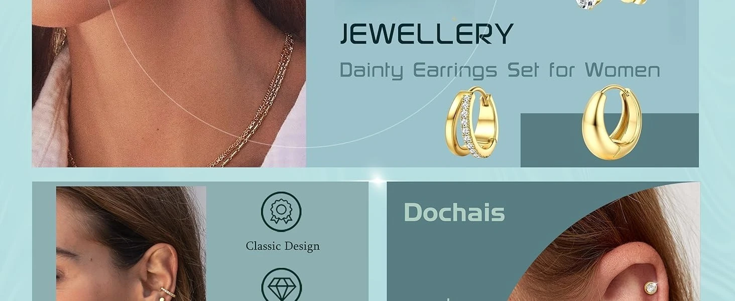 Drperfect 14 Karat vergoldete Ohrringe für Frauen, zierliche Ohrstecker, Creolen, Knorpelohrringe aus 316L chirurgischem Stahl für mehrere Piercings. – Detail 2
