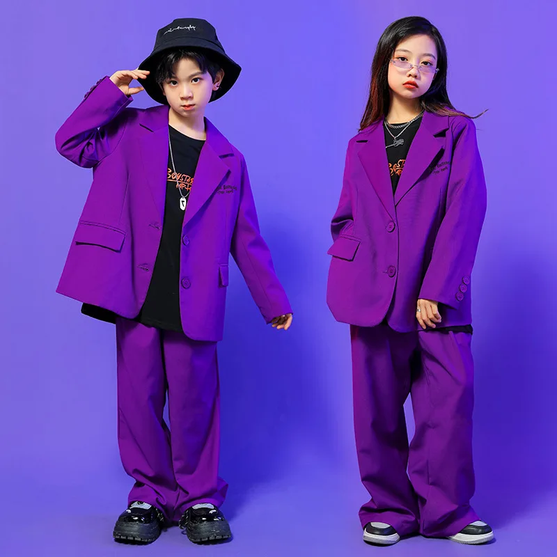 Children Ballroom Hip Hop Dance Clothes For Kids Purple Loose Kpop Outffits Girls Jazz Modern Dance Wear Boys Stage Costumes