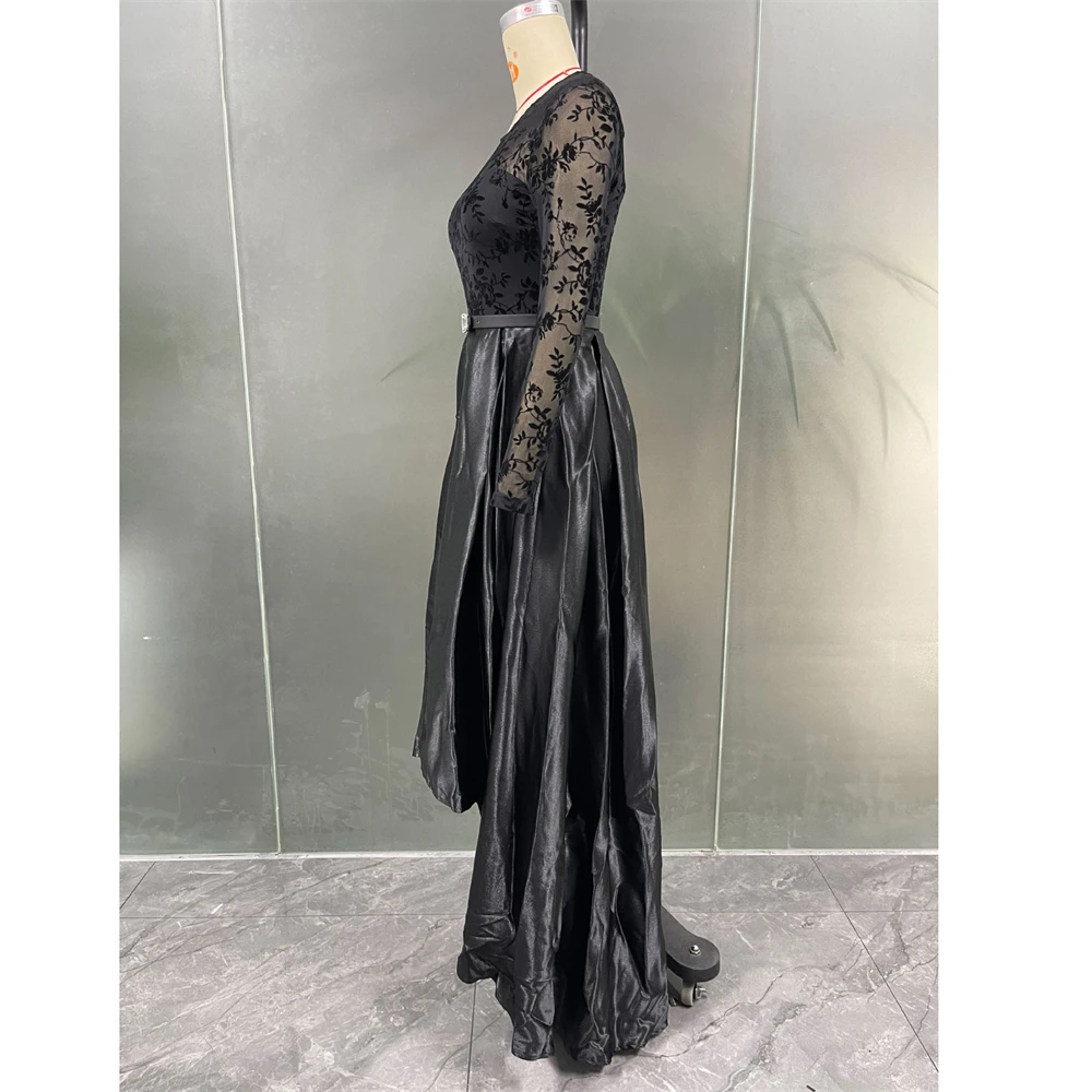 Fashion Black Lace Patchwork Abaya Women Muslim Long Sleeve Maxi Dress Turkey Kaftan Eid Party Gown Belted Islamic Femme Vestido