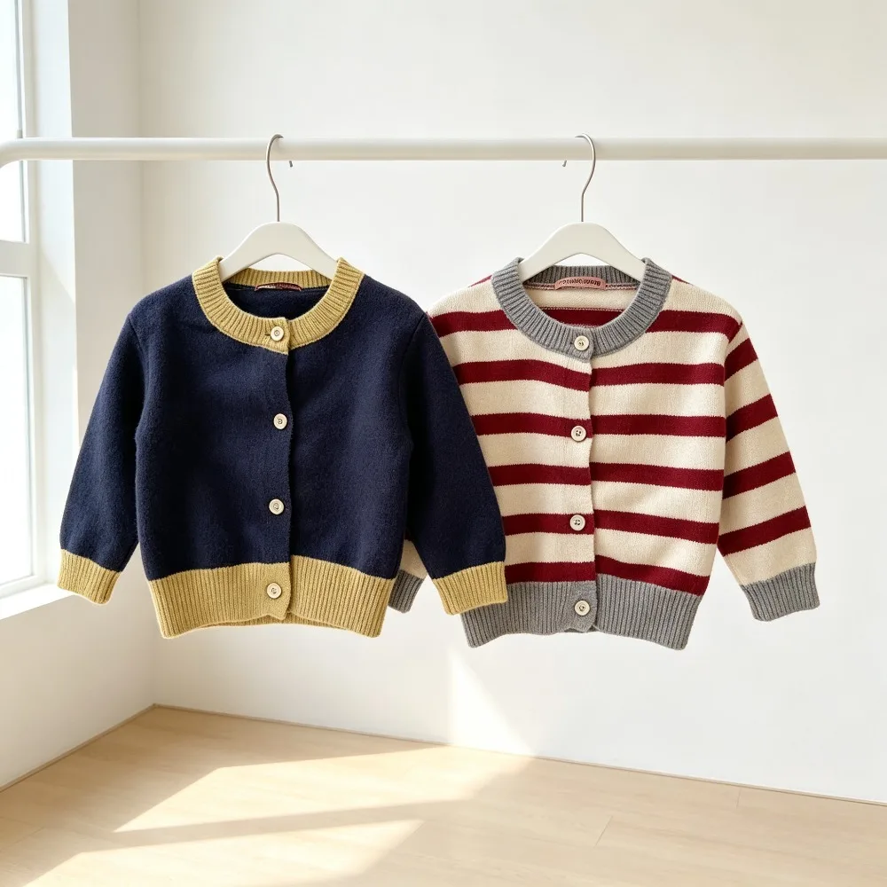 Girls Color Block Striped Cardigan Sweater Contrast Trim Casual Knitwear Top Kids Vintage Preppy Style Autumn Winter Daily Wear
