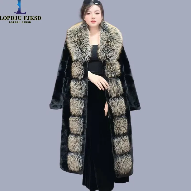 Faux Mink Fur Coat for Women,Covered Button Jacket,Thick Warm Female Clothes,Fox Fur Collar,Autumn and Winter, 2024