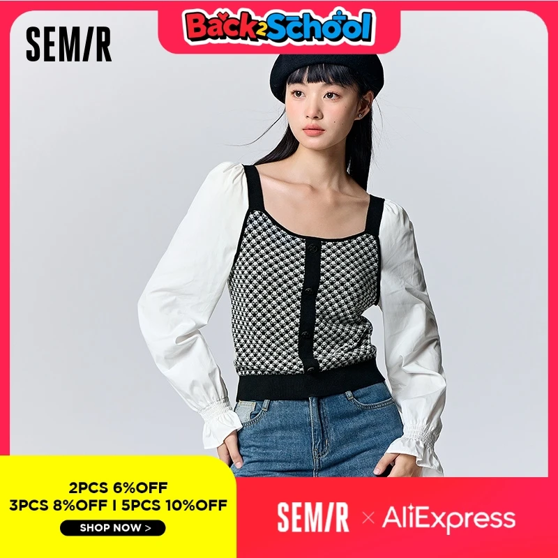 

Semir Long Sleeve Shirt Women Short Splicing Bubble Sleeve Elegant Girlish Autumn Slim Square Collar Jacquard Slimming Top