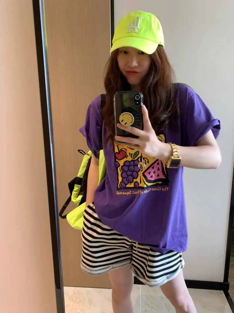 2025년 여름 플러스 사이즈 여성용 티셔츠 원숭이 프린트 루즈핏 한국 스타일 탑 100% 면 라운드 넥