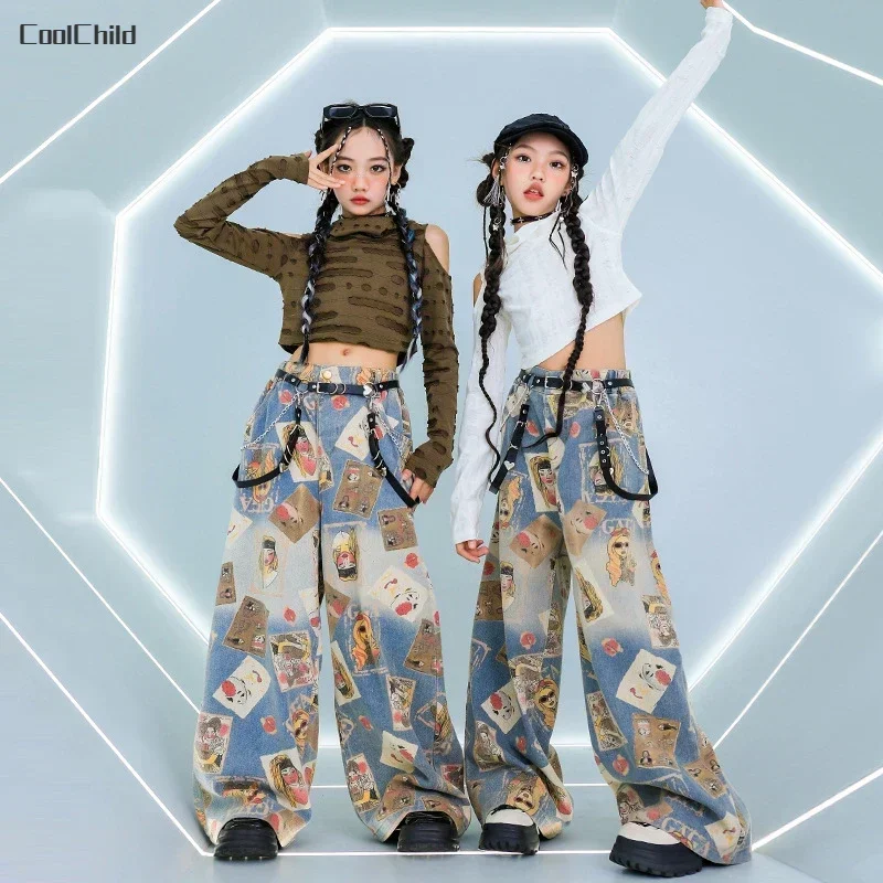 Girls Hip Hop Crop Ripped Off Shoulder Hoodies Poker Jeans Kids Denim Pants Street Dance Clothes Sets Children K-pop Costumes