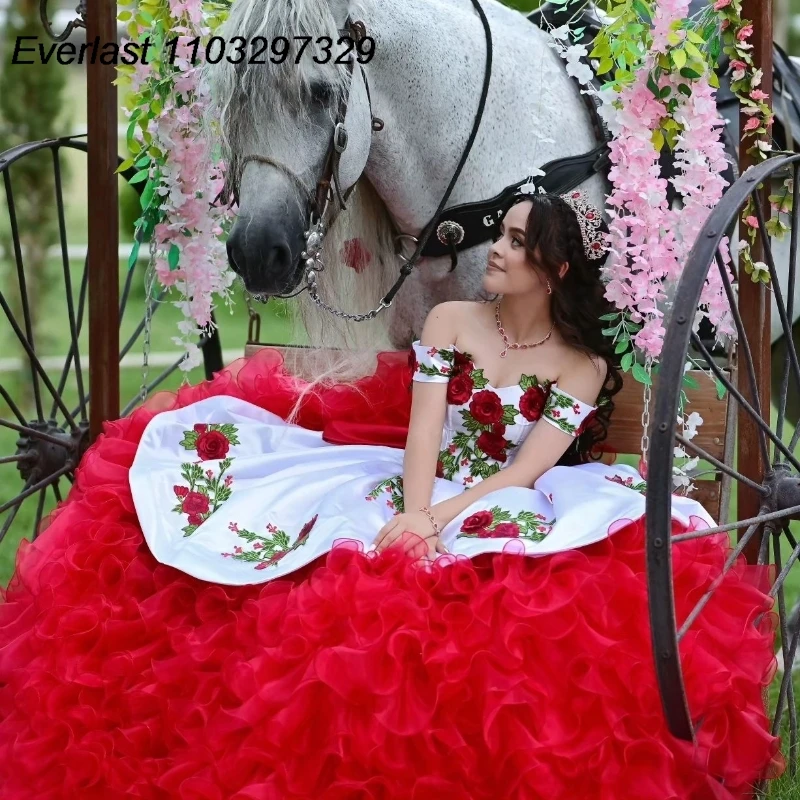 EVLAST Customized Mexican Charro Quinceanera Dress 3D Floral Embroidery Beaded Ruffles Corset Sweet 16 Vestido De 15 Anos TQD897