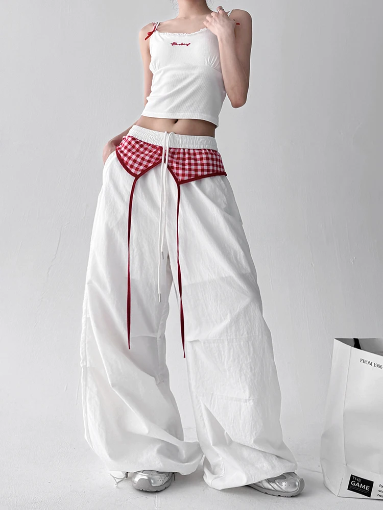 American Retro Women's Casual Pants Spring Summer New High Waist Wide Leg Folded Design Checkered Versatile Comfortable Trousers