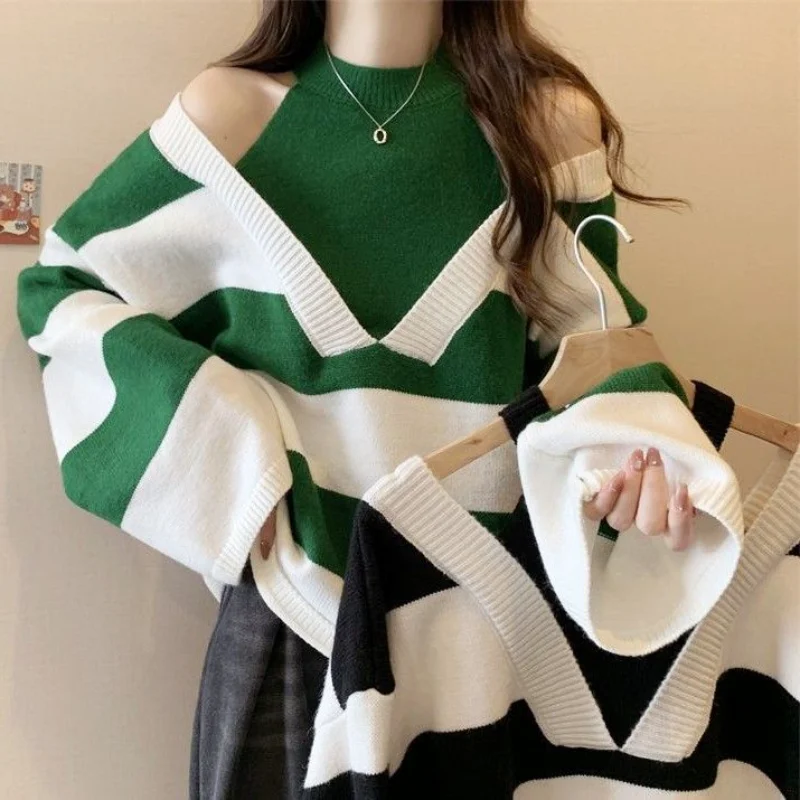 

Lazy Style Striped Off-shoulder Halter Neck Knitted Autumn and Winter New Loose Slim Sweet Hot Girl Fake Two-piece Top