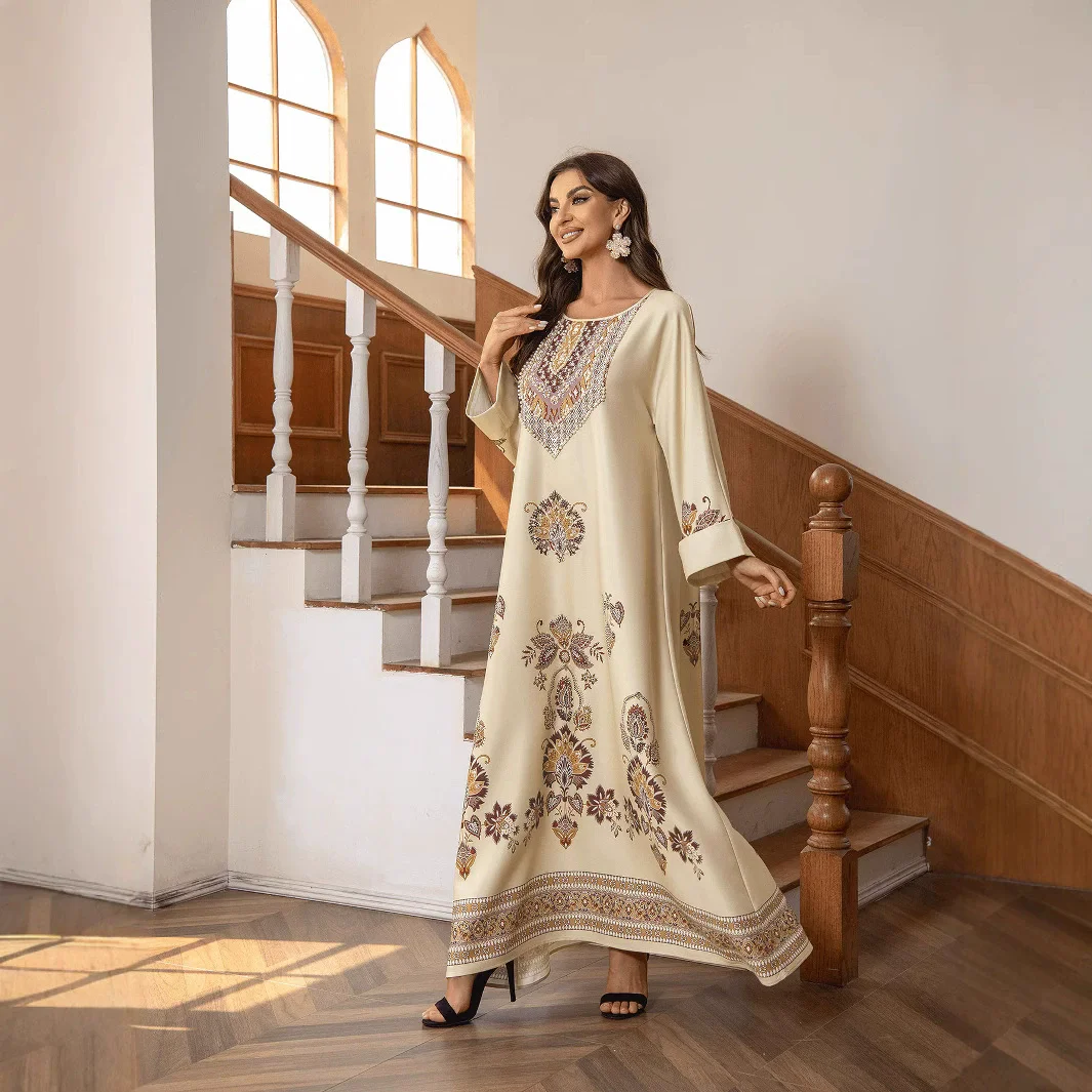 Moyen-Orient arabie saoudite musulman luxe mode islamique Ramadan Robe col rond imprimé diamant clouté ample a-ligne Robe