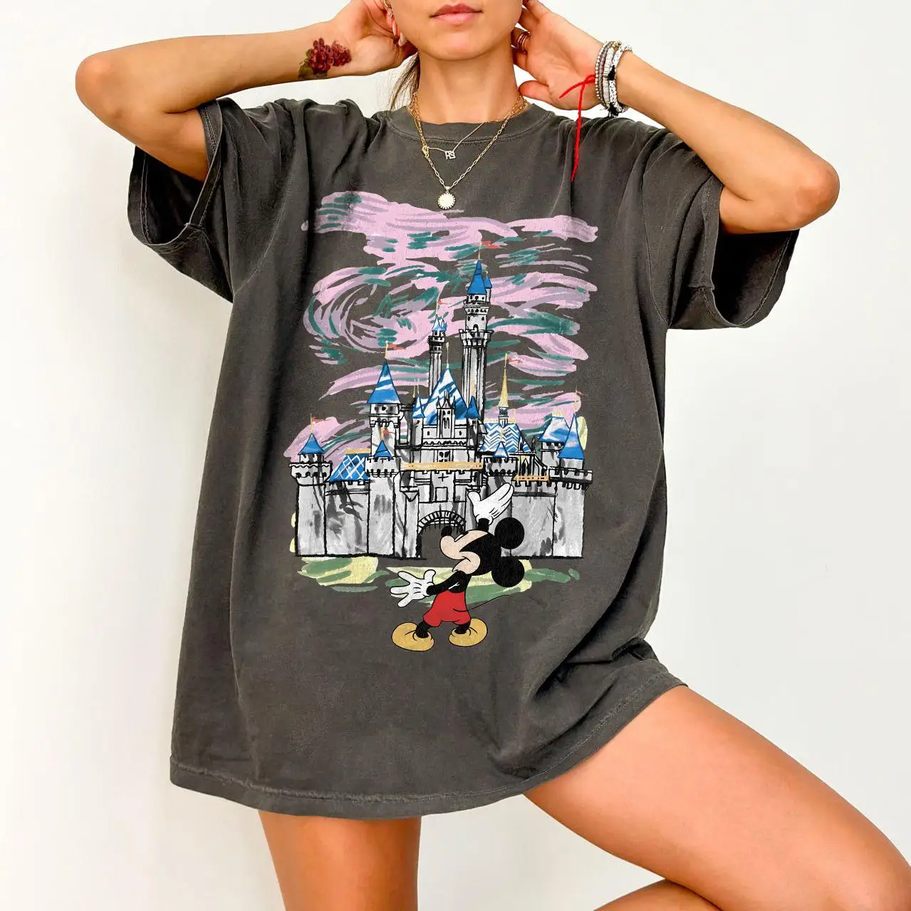 

Plus Size Women's Classic Disney Mickey Watercolor Castle TShirt Disneyland Trip Vacation Shirt Pure Cotton Streetwear Oversized