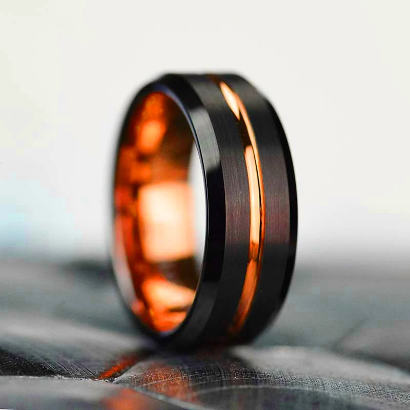 Trendy 8mm Rose Gold Color Groove Beveled Edge Titanium Men Wedding Rings Black Brushed Stainless Steel Ring Men's Wedding Band