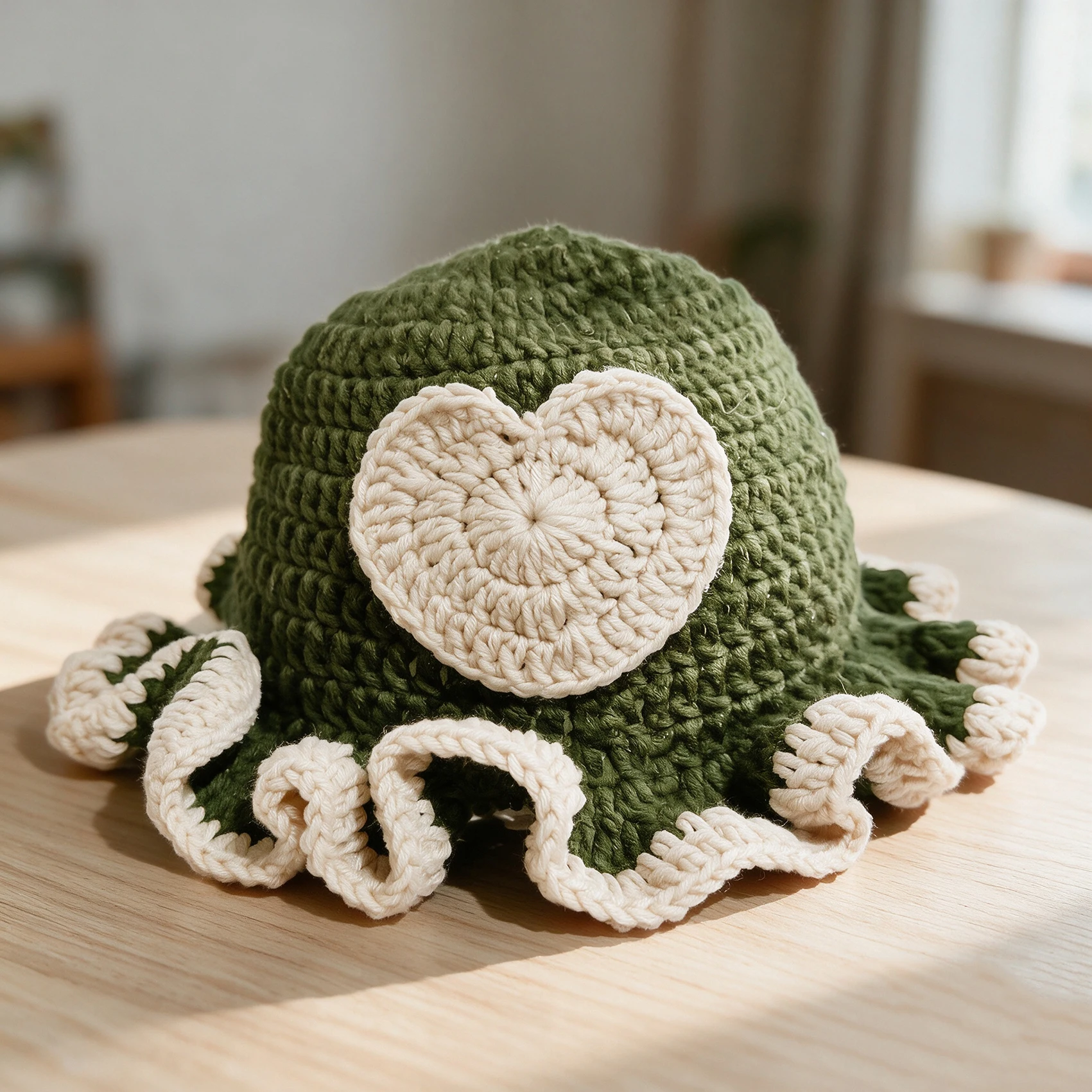 Women Y2k Sweet Heart Crochet Bucket Hat Ruffled Edge Knit Fisherman Hat Contrast Color Handmade Goth Winter Party Cos Cap