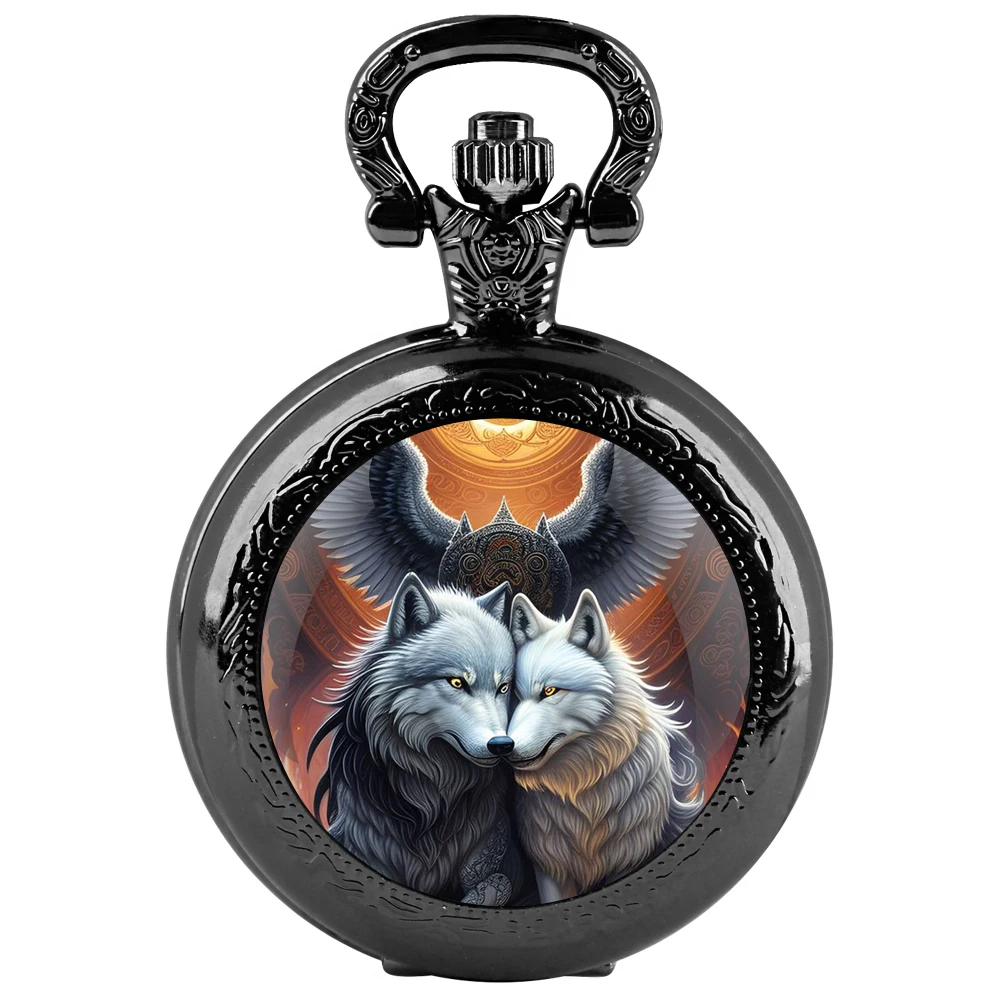 Classic Double Wolf Glass Dome Black Quartz Pocket Watch with Arabic Numerals Dial and Durable Chain Retro Gift for Men Women