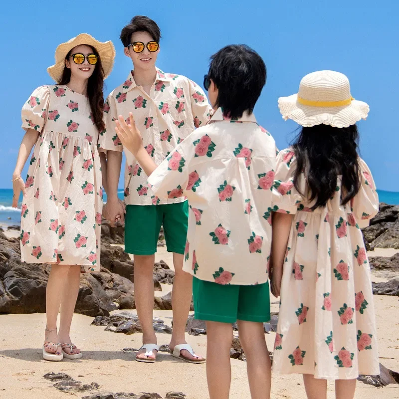 Vacation Holiday Look Family Matching Clothes Korean Mom and Daughter Resorts Floral Dresses Dad and Son Shirts Shorts Outfits