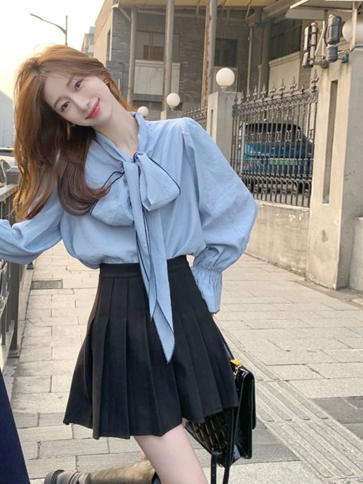 

Korean Style Bubble Sleeve Shirt Women's Long Sleeve Inner Wear Fashion Design Spring Autumn Season Polyester Fiber 100%