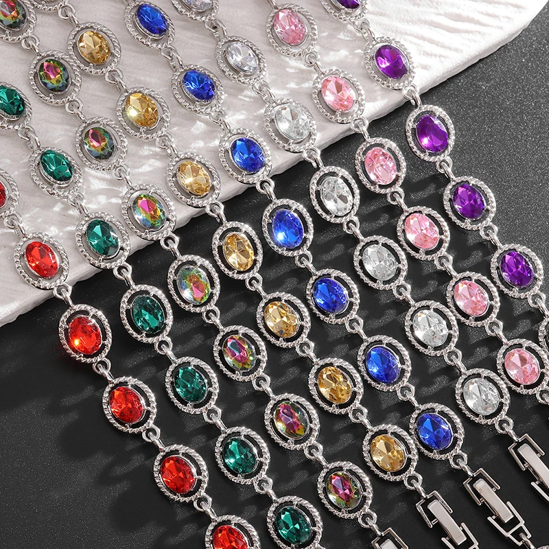 Exquisite Rainbow Multi-Color Oval Crystal Gemstone Bracelet for Women Fashion Glamor Party Banquet Jewelry Girls Gift