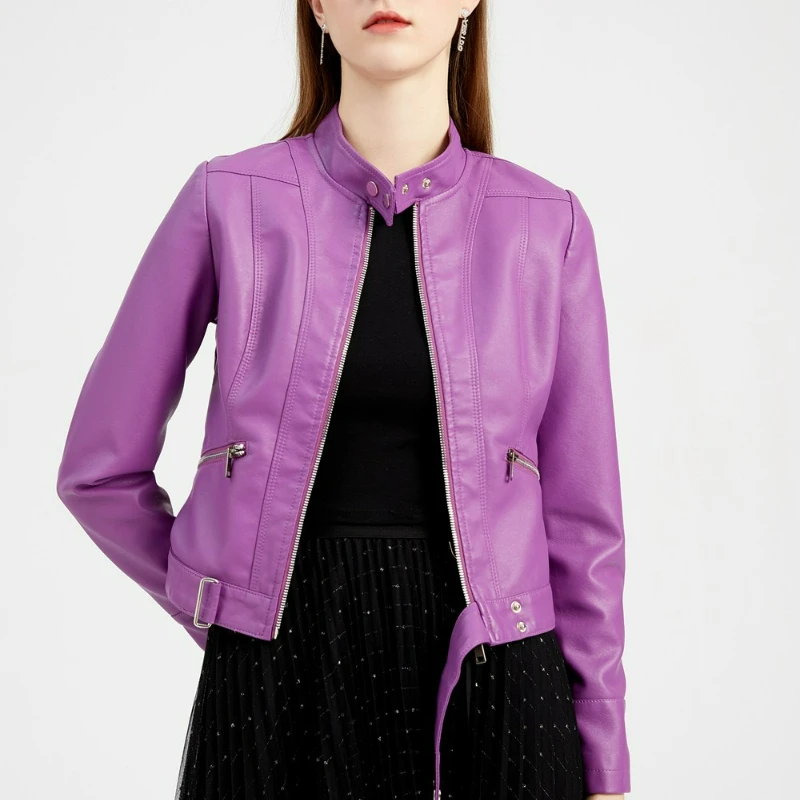 패셔너블한 단색 지퍼 스탠드업 칼라 여성 가죽 재킷 봄과 가을 2026 여성용 짧은 가죽 외투
