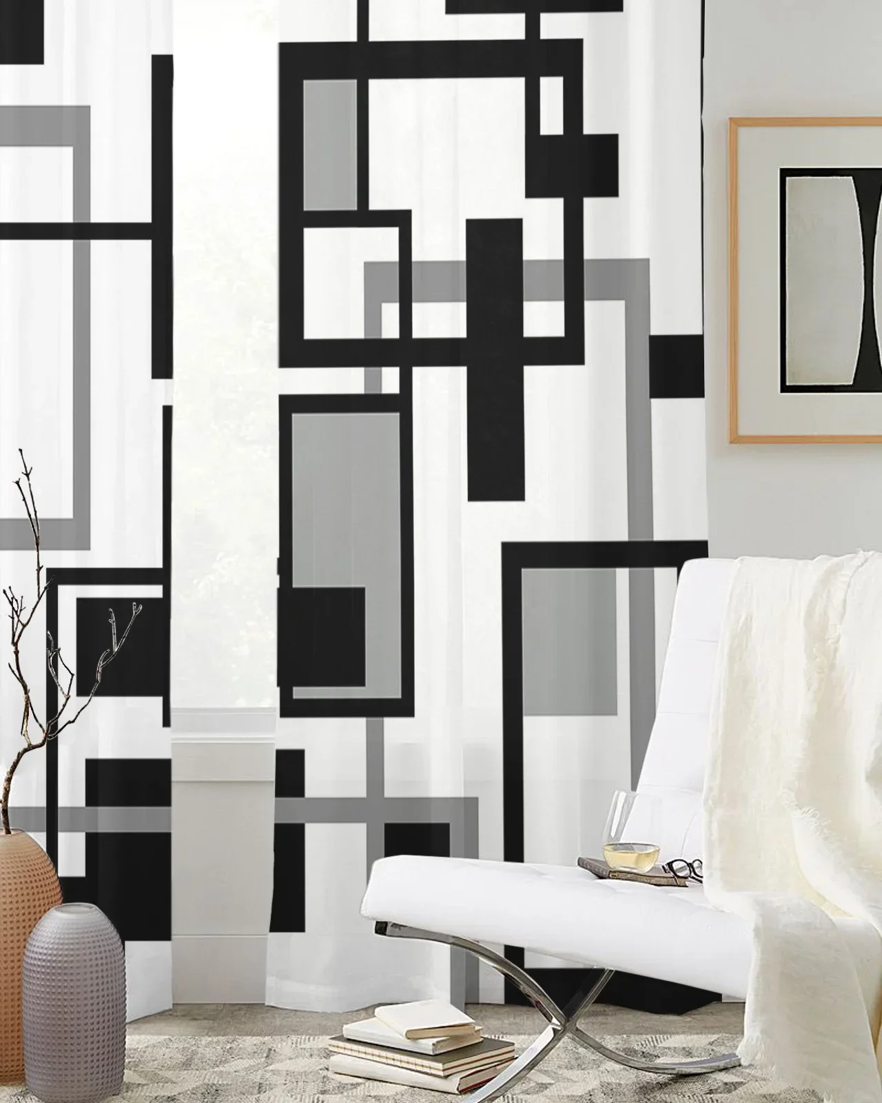 Geometric Black White Gray Tulle Curtain for Living Room Bedroom Modern Sheer Curtains Transparent Window Treatment