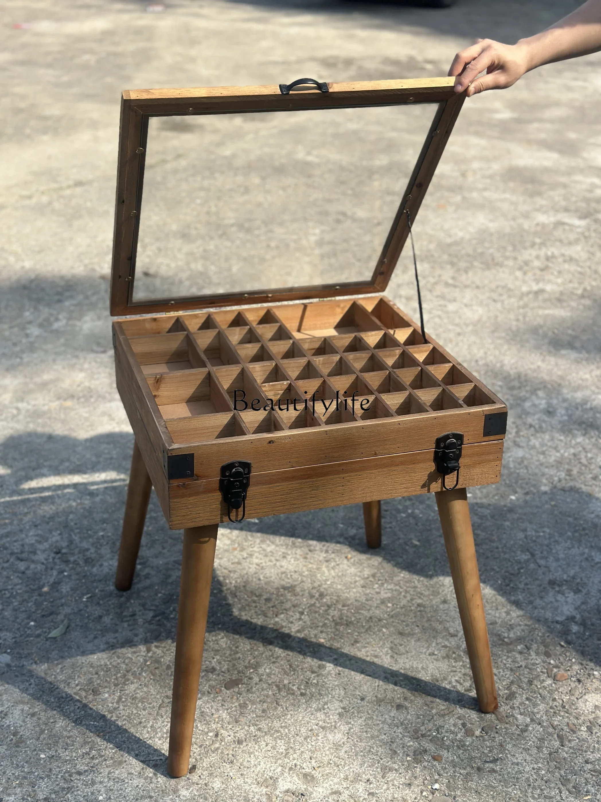 

yj5 Creative solid wood craftsmanship retro tea table multi-grid treasure cabinet storage side table