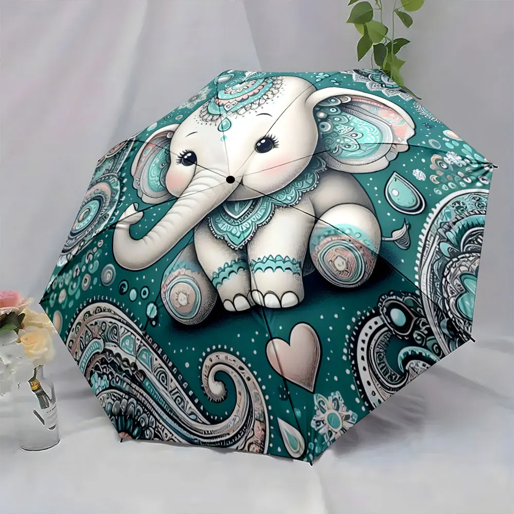 1PC Elephant-themed umbrella with intricate aqua patterns Print 8 Iron Ribs Folding Umbrella Auto-Open Fashion Sunshade