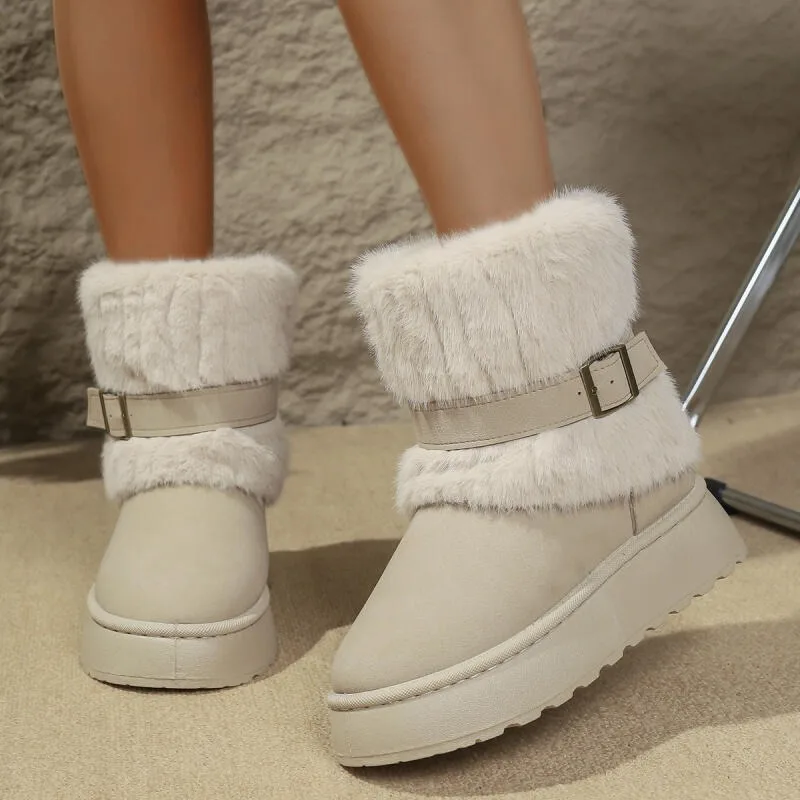 

Fashion Women Round Toe Warm Thickened Plush Winter Beige Mid-calf Boots Thick Sole Casual Comfortable Anti-slip Women Snow Boot