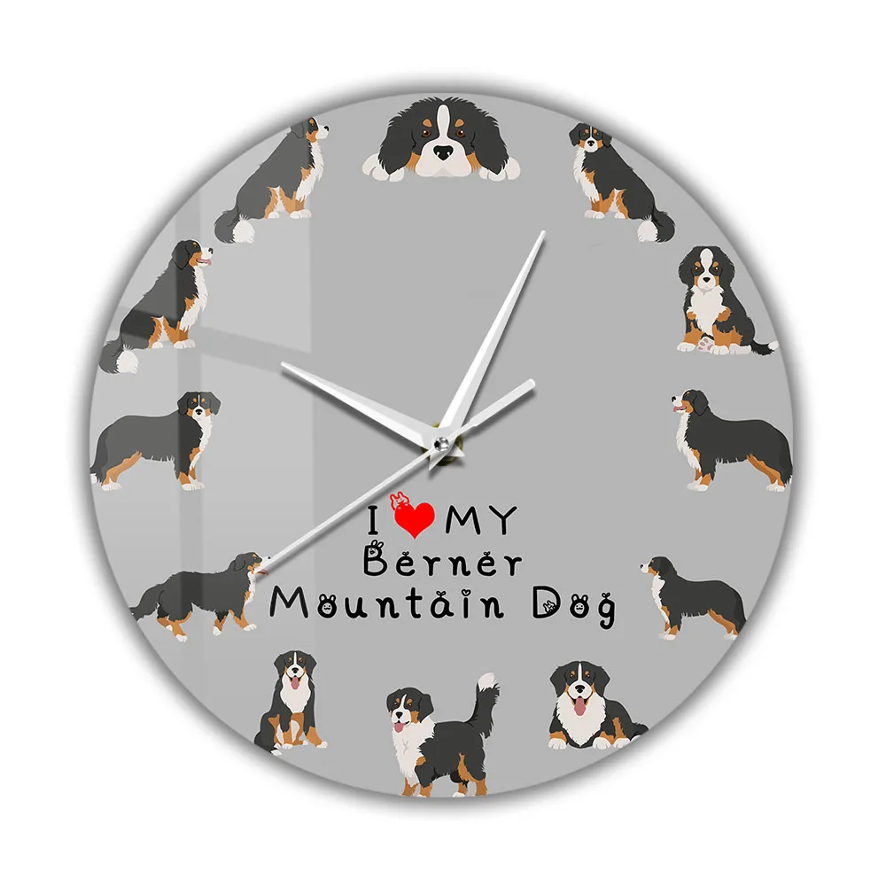 

I Love My Bernese Mountain Dog Cartoon Printed Wall Clock For Living Room Berner Sennenhund Cattle Dog Breed Silent Wall Watch