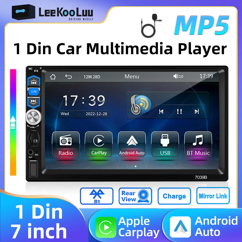 LeeKooLuu 7Inch 1 Din Car Radio Stereo 1Din MP5 Player Bluetooth FM Receiver Mirrrolink Carplay Android Auto Central Multimedia