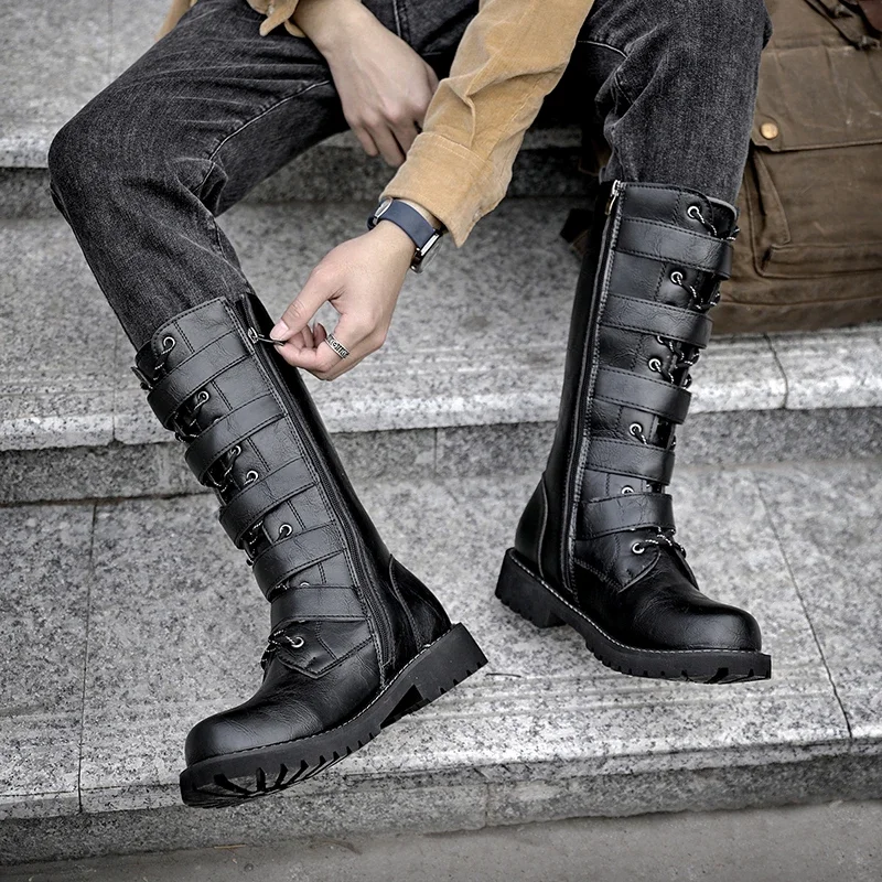 

Large Size 37-46 Mid-calf Breathable Combat Boots Gothic Belt Punk Boots Men Rock Punk Shoes Men's PU Leather Motorcycle Boots