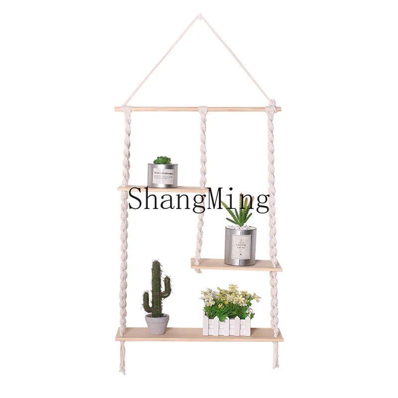 DSA Modern Minimalist Hand Woven Wall Hanger Home Decor Tapestry Living Room Hanging Decoration Cotton Rope Wood Plank Shelf