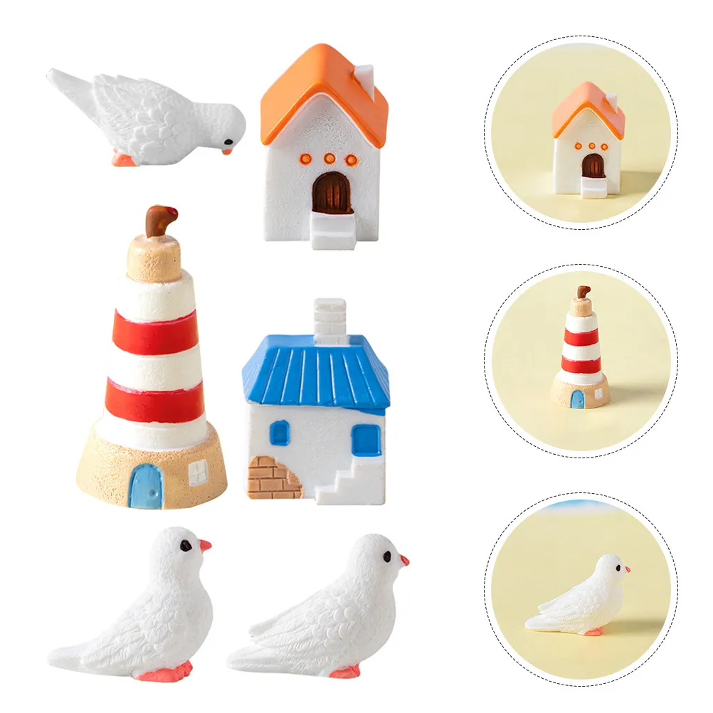 

1Set Island Villa Decoration Resin Pigeon Statue Miniature Lighthouse House Ornament Garden Decor Indoor Outdoor