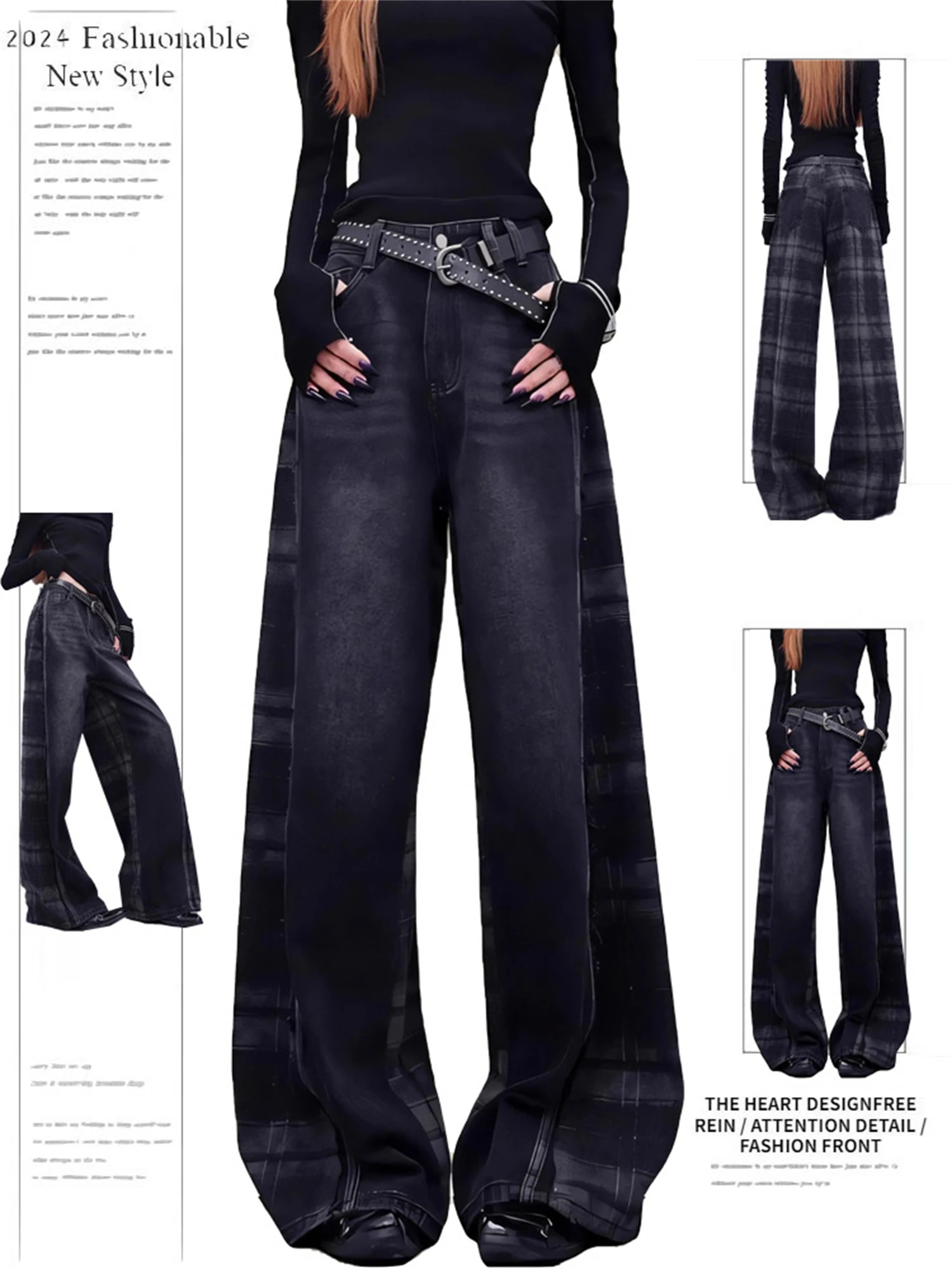 

Y2K Women's Black Denim Wide Leg Jeans 2025 New Fashion Plaid Patchwork High Waist Loose Casual Streetwear Trousers