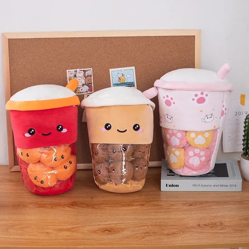 30x40cm Bubble Tea Pluche Kussen Gevuld Piepend Mini Dierenballen Parels Roze Kat & Beerpoten Snack Puddingzak Voedsel Plushie