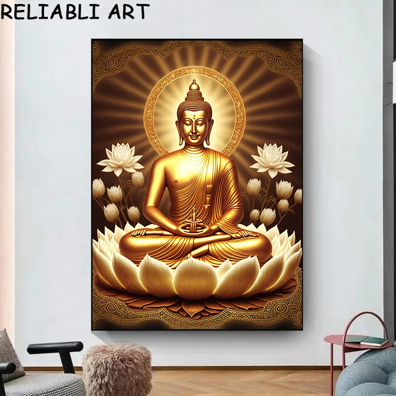 Abstract Lotus Flower Buddha Portrait Poster and Prints, Canvas Painting, Wall Art Pictures for Living Room Home Decor No Frame