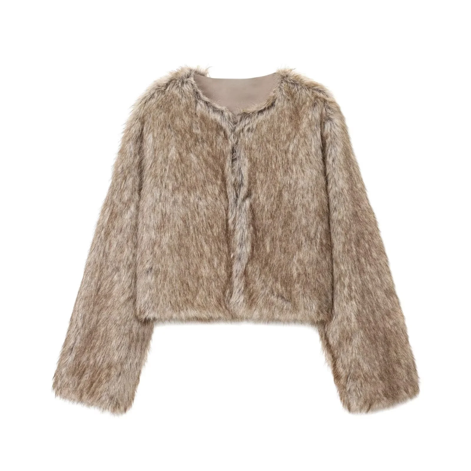 

2025 Autumn New Women's Casual Fashionable Simple Elegant Round Neck Long Sleeve Faux Fur Short Jacket