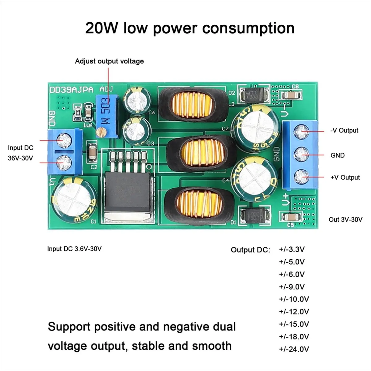 (ABGQ) 20W Boost-Buck Positive Negative Dual Output Voltage Module DC-DC Step-Up/Down Power Supplys Module 3.6-30V to ±3-30V