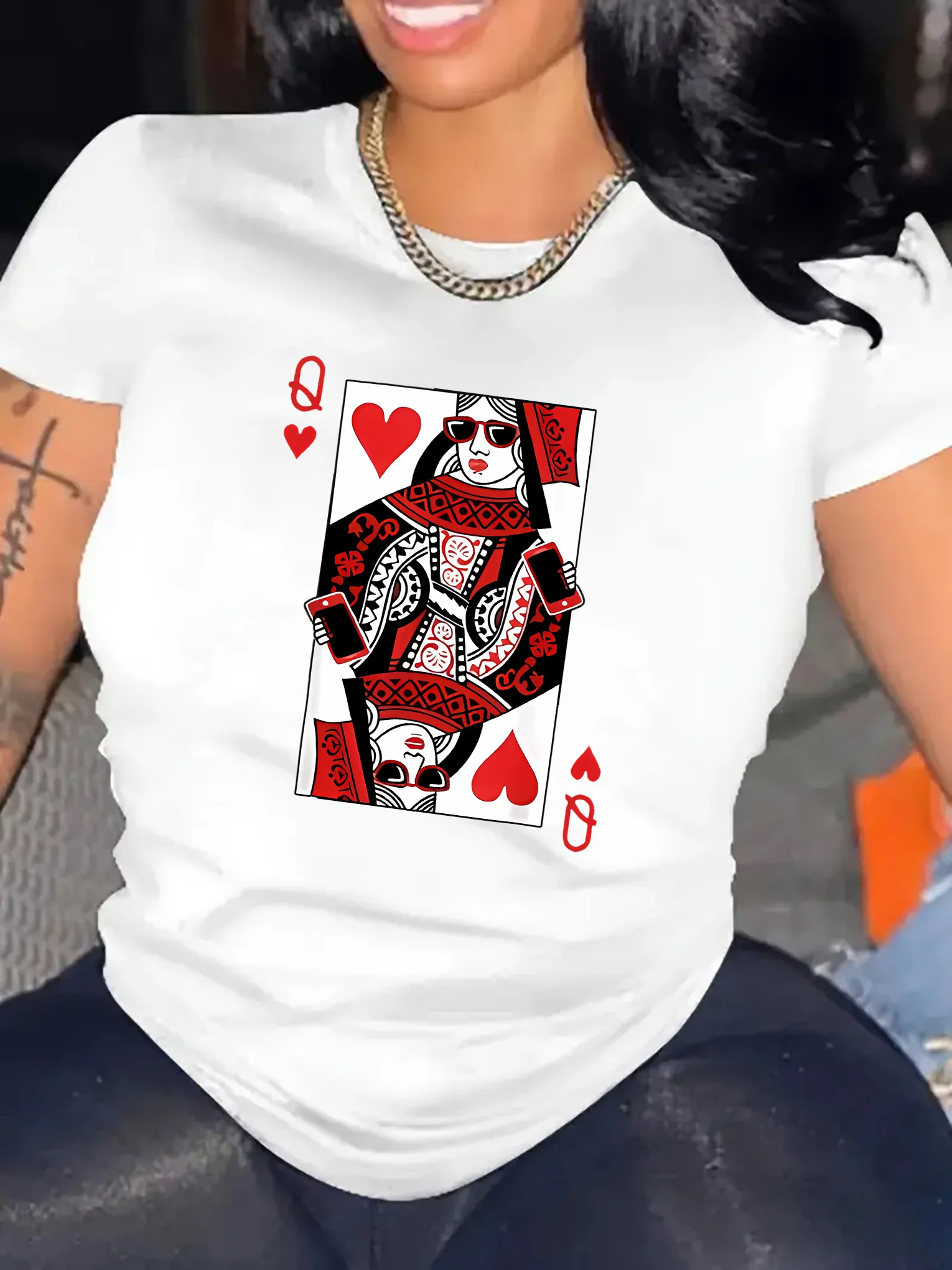 Casual Short Sleeve with Bold Queen Hearts Print Women's T-Shirt Black Red Ace Card Design Harajuku Short Sleeve Casual Men Tops