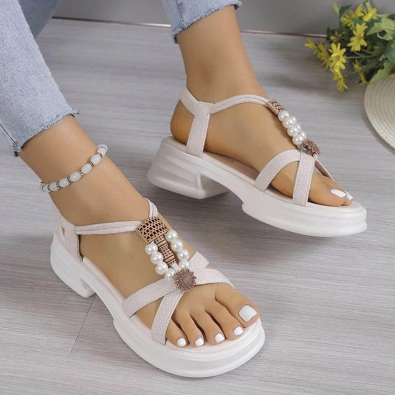 New Arrival Women's Sandals 2024 Summer Bohemian Style Open Toe Slip on Thick Heel Platform Beaded Sandals Outdoor Beach Shoes
